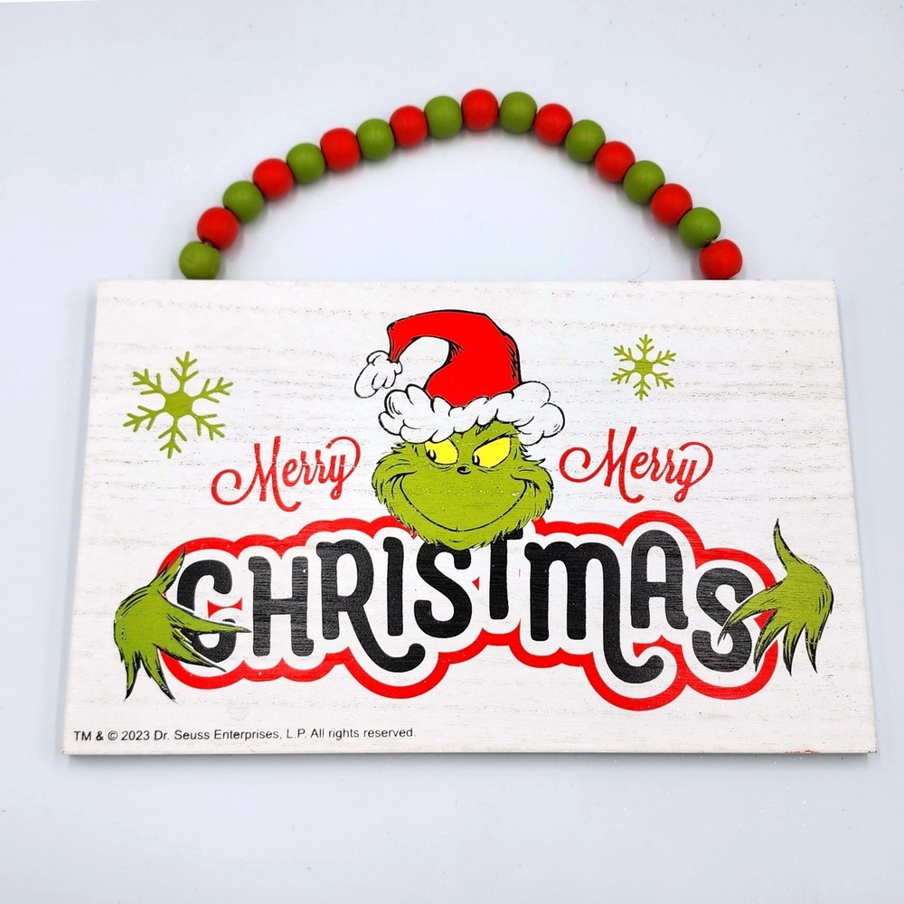Dr. Seuss Grinch Wood Merry Christmas Sign Plaque Red Green Beaded Hanger 10 in - Picture 2 of 3